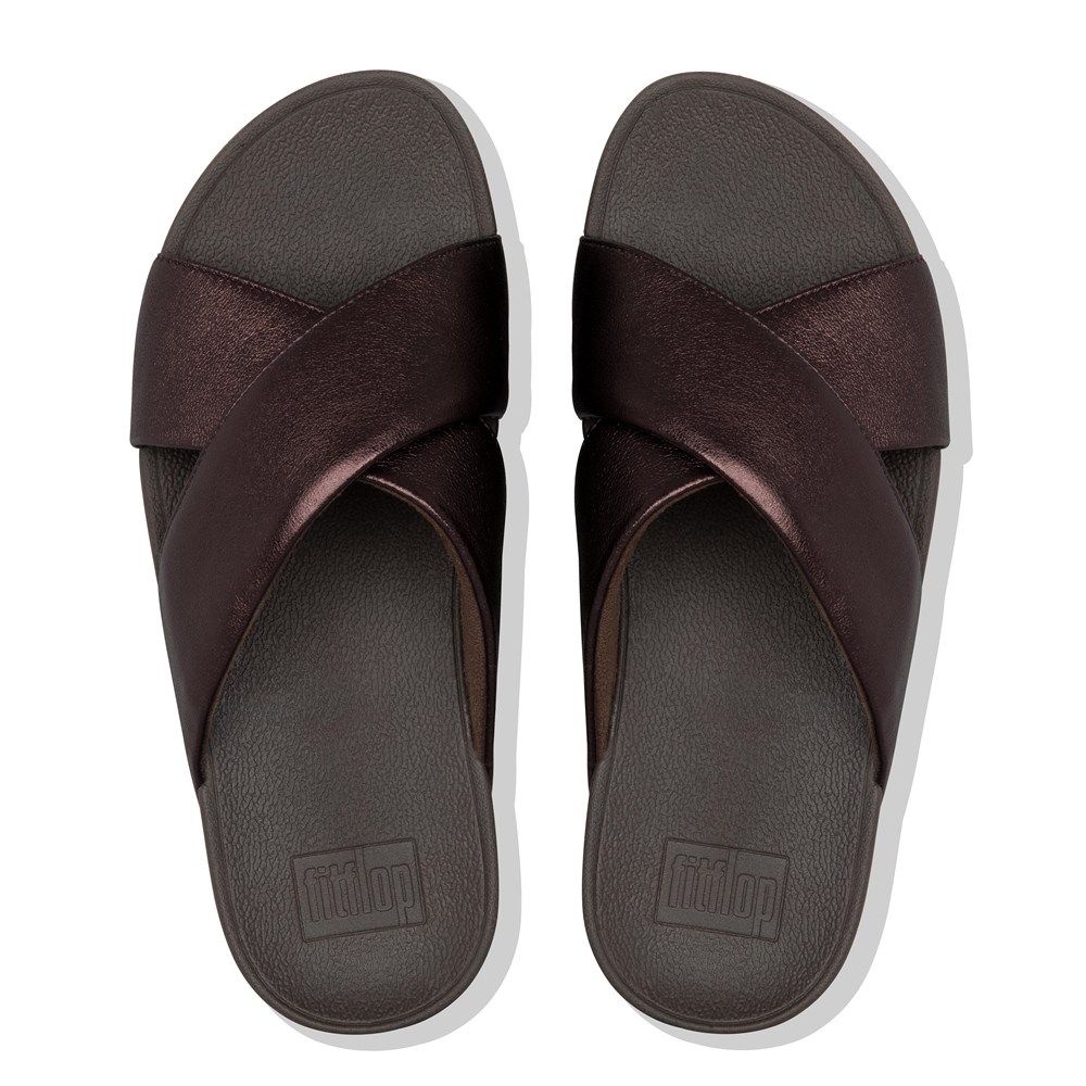 Fitflop Womens Slides Dark Brown - Lulu Metallic Leather Cross - ZU3946712